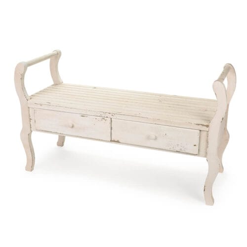 Panca in legno bianco invecchiato con due cassetti e design elegante, perfetta per arredare ingressi, camere o soggiorni in stile shabby chic.
