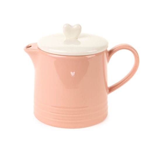 Teiera in fine stoneware disponibile in rosa con coperchio bianco o bianco con coperchio rosa, decorata con un cuore sul coperchio.