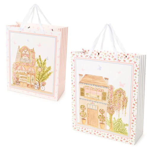 Borsa shopper in carta resistente con illustrazione floreale La Vie En Rose, manici in nastro e design romantico. Disponibile in due dimensioni.