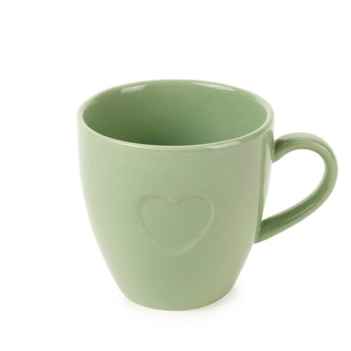 Tazza verde in porcellana con cuore in rilievo, ideale per tisane, tè o caffè latte. Elegante e romantica, perfetta per ogni occasione.