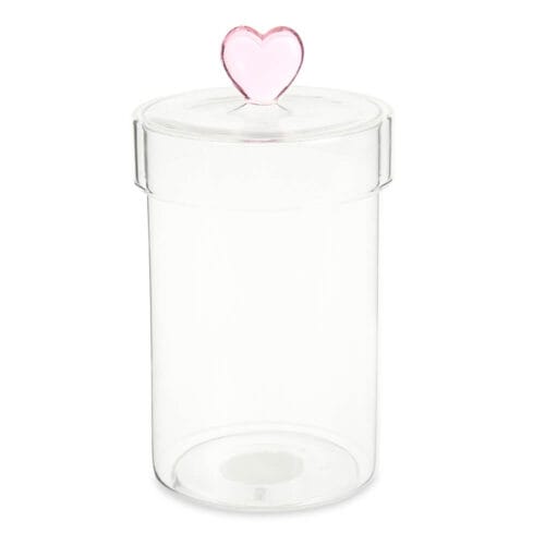 Barattolo in vetro borosilicato trasparente con coperchio decorato da un cuore rosa, perfetto per alimenti o oggetti decorativi.