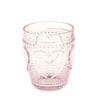 Bicchiere Heart in vetro rosa trasparente, decorato con motivi a cuore in rilievo. Capacità di 260 ml, ideale per acqua e bevande fresche.