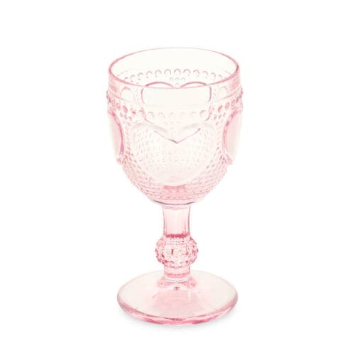 Calice Heart in vetro rosa trasparente, con decorazioni a cuore in rilievo. Elegante e romantico, ideale per vini e aperitivi. Capacità di 220 ml.