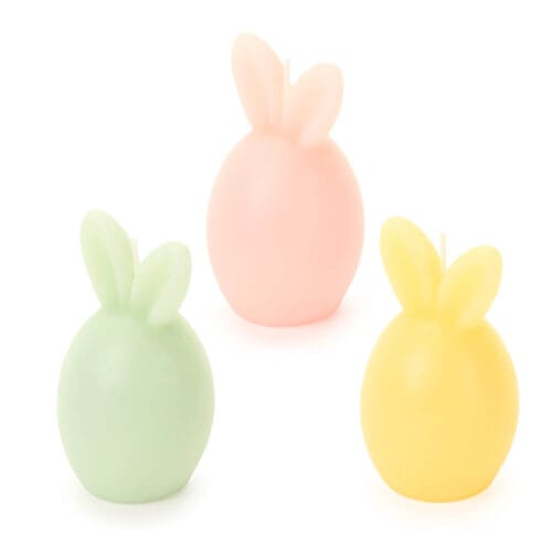 Candela decorativa a forma di testa di coniglio, disponibile in rosa, giallo e verde pastello, ideale per decorazioni pasquali.