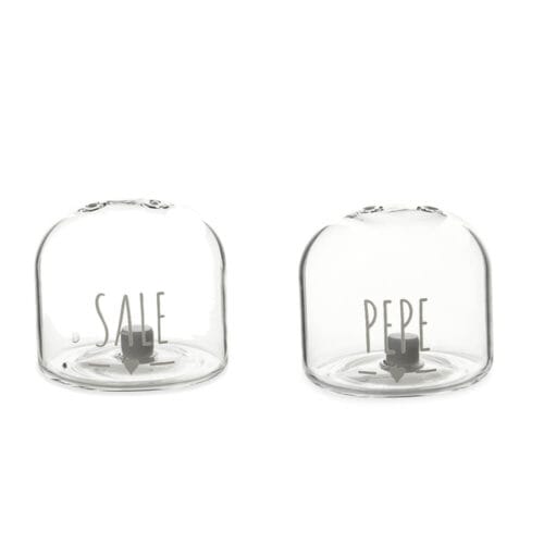 Set sale e pepe in vetro borosilicato trasparente con scritte decorative "SALE" e "PEPE", ideale per una tavola elegante.