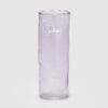 Vaso in vetro lilla con superficie ondulata e decoro esterno uccellino trasparente su trespolo.
