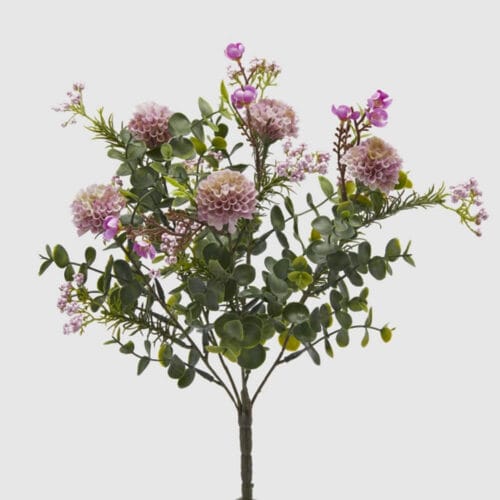Cespuglio di dalie fucsia con boccioli e foglie decorative, altezza 37 cm.