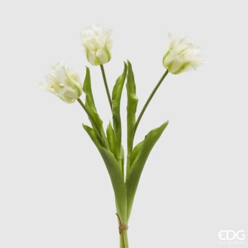 Mazzo di tulipani Parrot con fiori bianco e verde, steli curvi e dettagli realistici, altezza 51 cm.