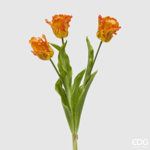 Mazzo di tulipani Parrot arancione e giallo con dettagli realistici e foglie verdi, altezza 51 cm.