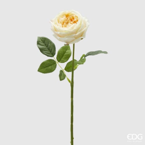 Ramo di rosa artificiale in tonalità crema con foglie verdi, altezza 45 cm, perfetto per decorazioni eleganti.