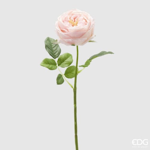 Ramo di rosa artificiale in tonalità rosa con foglie verdi, altezza 45 cm, perfetto per decorazioni eleganti.