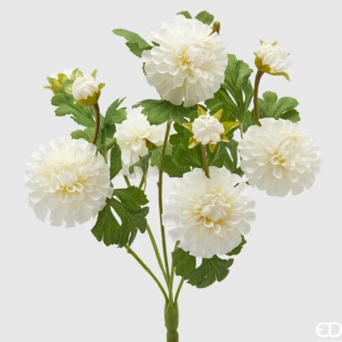 Mazzo di ranuncoli artificiali bianchi con foglie verdi realistiche, altezza 55 cm, perfetto per decorazioni eleganti.
