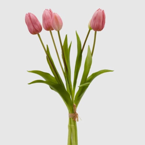 Mazzo decorativo di tulipani rosa antico con steli verdi e dettagli realistici, perfetto per decorazioni eleganti.