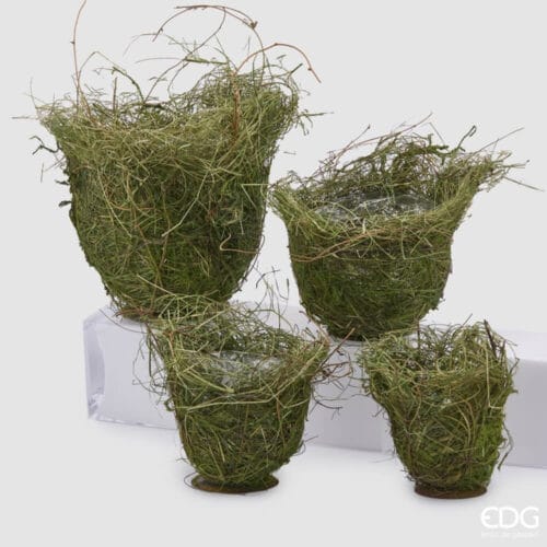 Set di cesti decorativi in erba naturale intrecciata, di forma ovale e varie dimensioni, H32 cm.