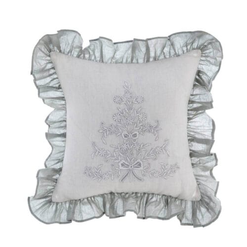 Cuscino quadrato ricamato in misto lino e cotone, con balza decorativa, collezione Dentelle, dimensioni 45x45 cm.