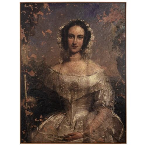 Cuadro decorativo con marco de madera, con efecto envejecido, que representa un retrato femenino de estilo clásico.