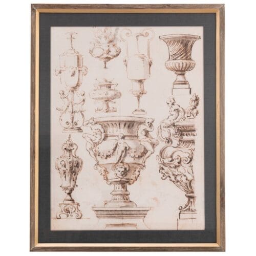 Quadro con stampe vintage, cornice in legno naturale e vetro protettivo, raffigurante dettagli artistici classici.