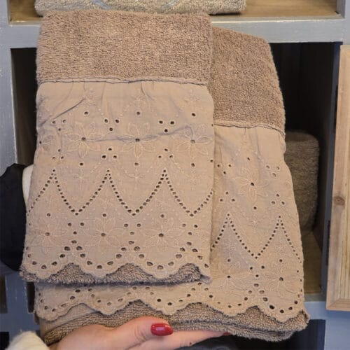 Blanc Mariclò Coppia Asciugamani Fior di Sangallo Tortora