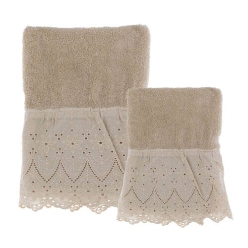 Coppia di asciugamani viso e ospite in cotone con balza in pizzo sangallo tinta in capo, colore sabbia, dimensioni 40x60 cm e 60x110 cm.