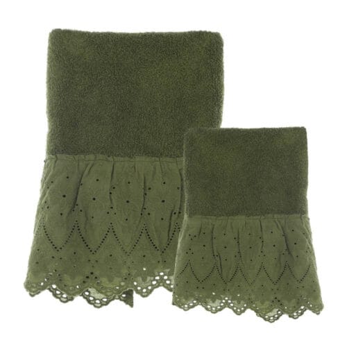 Coppia di asciugamani viso e ospite in cotone con balza in pizzo sangallo tinta in capo, colore verde, dimensioni 40x60 cm e 60x110 cm.