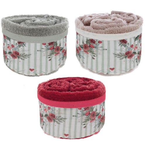 Cestino decorativo con lavette in cotone beige, rosso e grigio, fantasia floreale a papaveri e cuoricini su sfondo a righe.