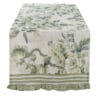Runner rettangolare con fantasia floreale verde e bordi con gala, ideale per tavole eleganti in stile shabby chic.