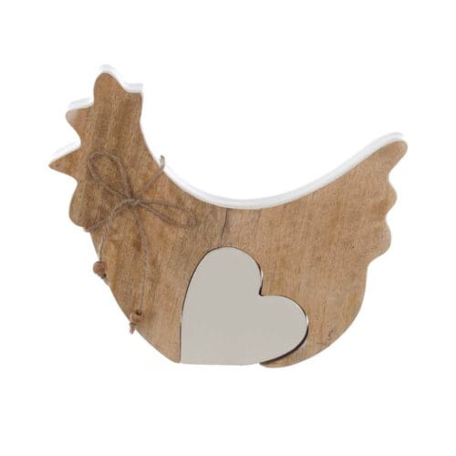 Decorazione Blanc Mariclò a forma di gallina in legno con cuore estraibile bianco e fiocco in corda.