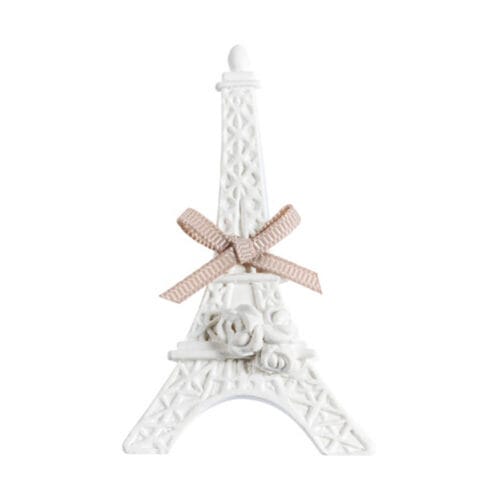 Decorazione in gesso a forma di Tour Eiffel Mathilde M., con fiocco beige e fragranza "Voile de Lin", perfetta per decorare con stile raffinato.