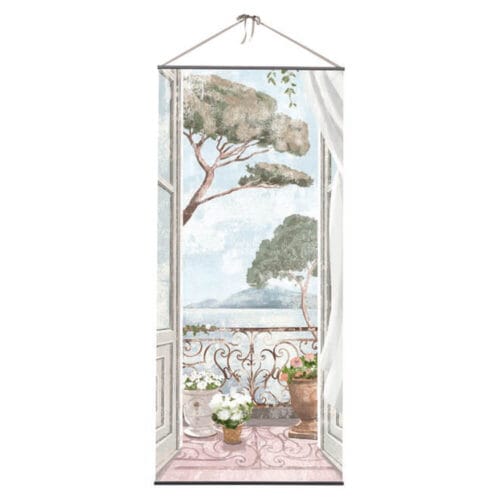 Tela Trompe l’Oeil con vista su un balcone mediterraneo, realizzata in canvas con dettagli curati.