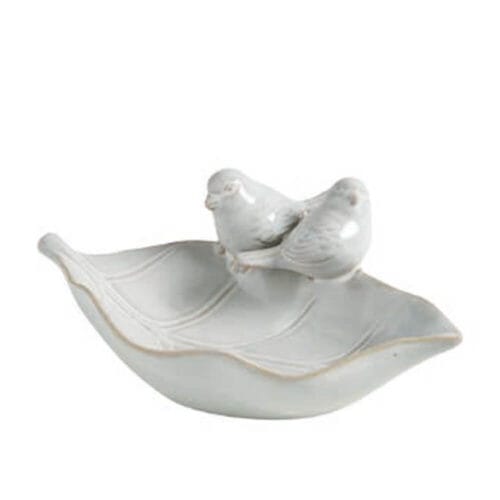 Ciotola in ceramica bianca a forma di foglia con due uccellini decorativi in rilievo, elegante e romantica.