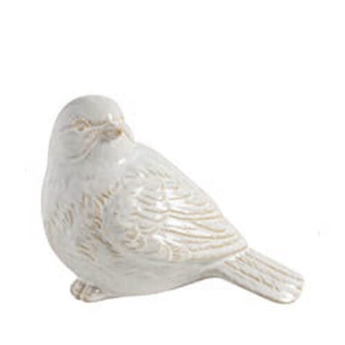 Decorazione in ceramica bianca a forma di uccellino, con dettagli scolpiti sulle piume.