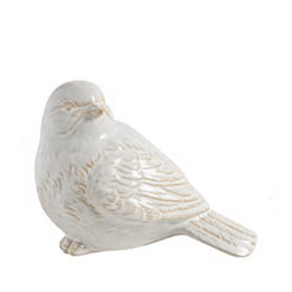 Decorazione in ceramica bianca a forma di uccellino, con dettagli scolpiti sulle piume.