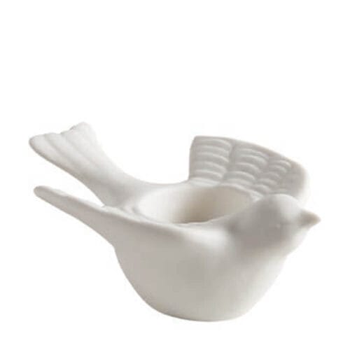 Portacandela in ceramica bianca a forma di uccellino, decorativo ed elegante.