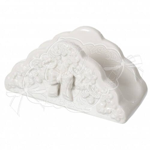 Porta tovaglioli in ceramica bianca con dettagli floreali e fiocco decorativo in rilievo, stile shabby chic – Coccole di Casa.