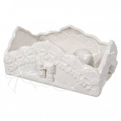 Porta bicchieri in ceramica bianca con dettagli floreali e fiocchi decorativi in rilievo, stile shabby chic – Coccole di Casa.