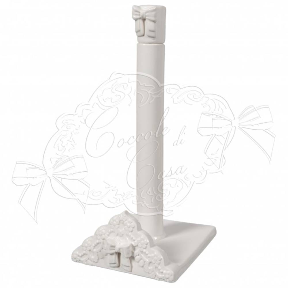 Porta rotolo in ceramica bianca con dettagli in rilievo e fiocco decorativo, stile shabby chic – Coccole di Casa.