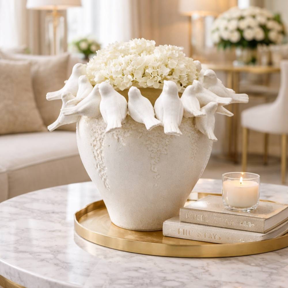 EDG Vaso Colombi in Ceramica Bianca H26 D32 1 Vaso in ceramica bianca EDG con decorazione di colombi posati sul bordo, altezza 26 cm e diametro 32 cm.