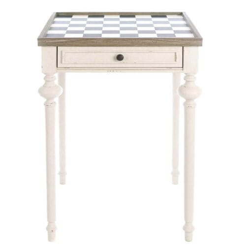 Tavolino Blanc Mariclò color crema con piano scacchiera in legno, due cassetti, gambe tornite e stile vintage romantico.