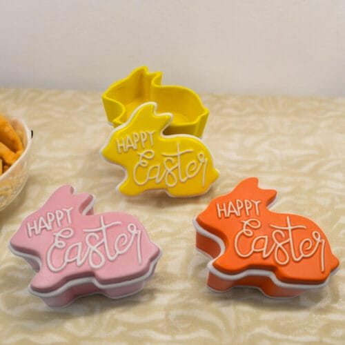 Scatola in ceramica a forma di coniglio con scritta Happy Easter, decorazione pasquale