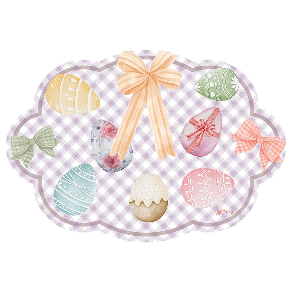 Tovaglietta in vinile sagomata con uova pasquali colorate, fiocchi e fantasia a quadretti lilla, perfetta per decorare la tavola di Pasqua.
