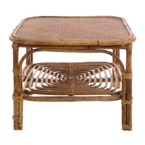 Tavolino quadrato in rattan con piano in paglia intrecciata e ripiano decorativo inferiore, stile mediterraneo by Blanc Mariclò.