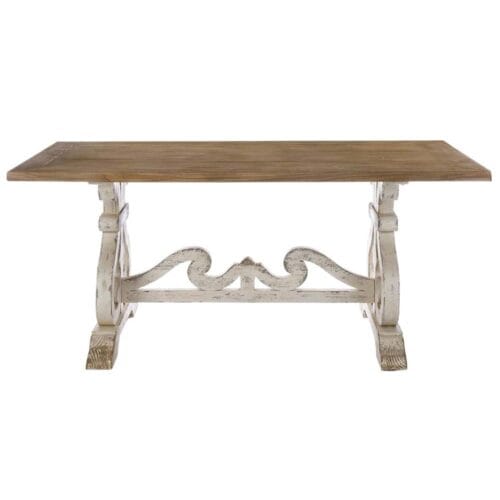 Tavolo rettangolare in legno di mango con piano naturale e base bianca scolpita effetto decapato, stile rustico elegante.