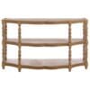 Consolle in legno di mango a tre ripiani con gambe tornite e bordo sagomato, finitura naturale.