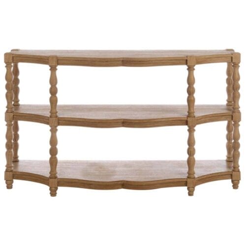 Consolle in legno di mango a tre ripiani con gambe tornite e bordo sagomato, finitura naturale.