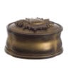 Cofanetto ovale in resina color bronzo anticato con coperchio decorato da ex voto a forma di cuore fiammato.