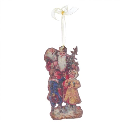 Decorazione da appendere in metallo raffigurante Babbo Natale con due bambini, stile illustrato vintage.