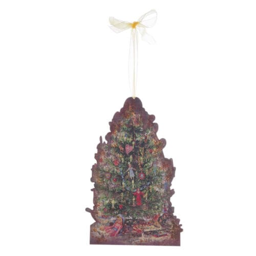 Decorazione natalizia in metallo raffigurante un albero di Natale decorato, con nastro in organza per appenderla.
