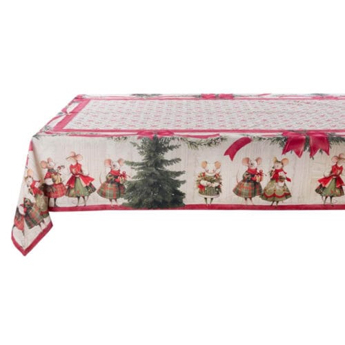 Tovaglia rettangolare in cotone con decori natalizi: topolini in abiti festivi, alberi di Natale e fiocchi rossi.