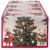 Runner natalizio in cotone con bordo rosso e stampa di topolini eleganti, ghirlande e albero di Natale.
