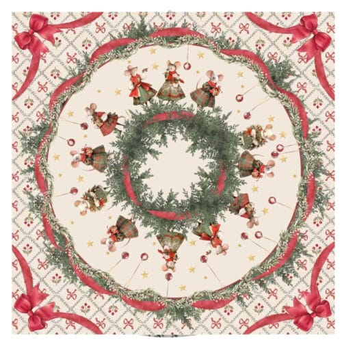 Foulard natalizio quadrato in cotone con topolini, fiocchi rossi e ghirlande, usato come copritavolo o confezione.